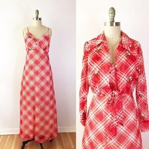 70s Gingham Maxi Dress Red Picnic Long Embroidered Garden Longsleeve 2 Piece Set